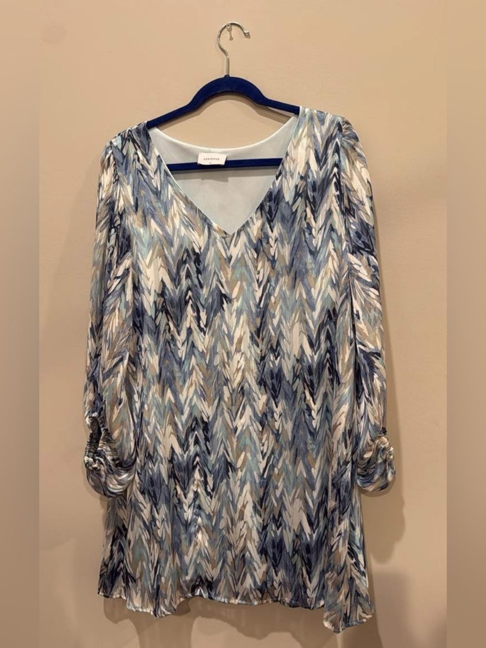 Adrienne Blue White Chevron V-Neck Tunic Dress